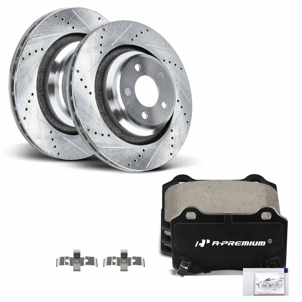 2005-2010 2012-2014 Chrysler 300 Drilled & Slotted Disc Brake Rotors and Ceramic Pads Kit, 6 Pcs, Rear Driver & Passenger, A-Premium, APBRPS952