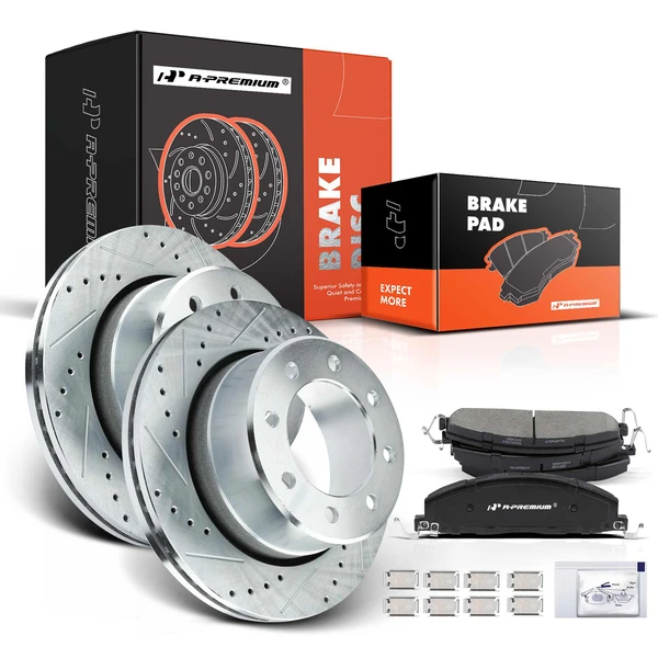 Drilled & Slotted Disc Brake Rotors and Ceramic Pads Kit, 6 Pcs, Rear Driver & Passenger, A-Premium, APBRPS090