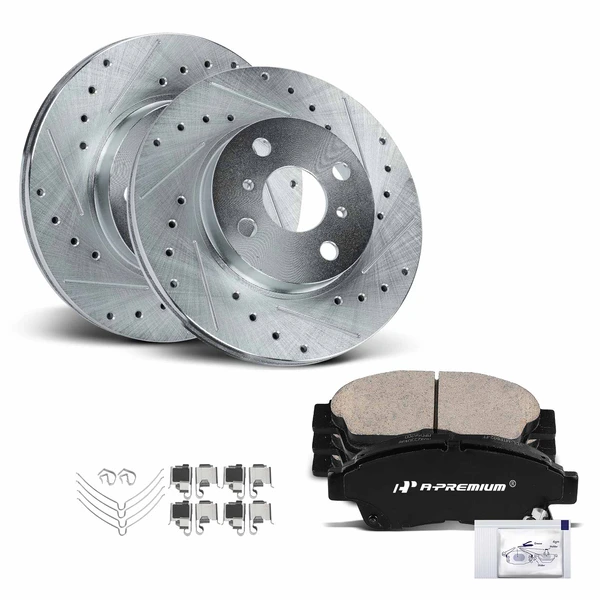 1993-1997 Geo Prizm Drilled & Slotted Disc Brake Rotors and Ceramic Pads Kit, 6 Pcs, Front Driver & Passenger, A-Premium, APBRPS608