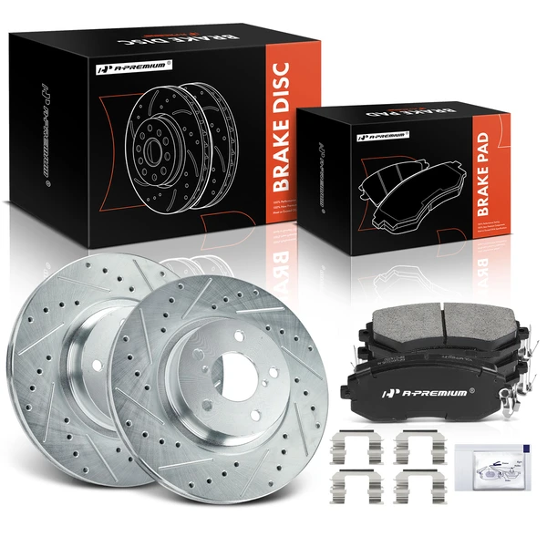 2013-2015 Subaru BRZ Drilled & Slotted Disc Brake Rotors and Ceramic Pads Kit, 6 Pcs, Front Driver & Passenger, A-Premium, APBRPS1423