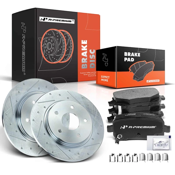 2008-2012 Dodge Grand Caravan Drilled & Slotted Disc Brake Rotors and Ceramic Pads Kit, 6 Pcs, Rear Driver & Passenger, A-Premium, APBRPS086