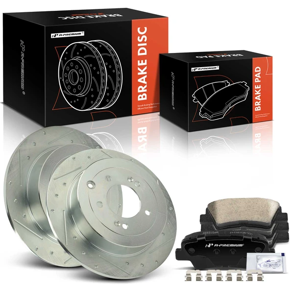 2016-2021 Hyundai Tucson Drilled & Slotted Disc Brake Rotors and Ceramic Pads Kit, 6 Pcs, Rear Driver & Passenger, A-Premium, APBRPS1186