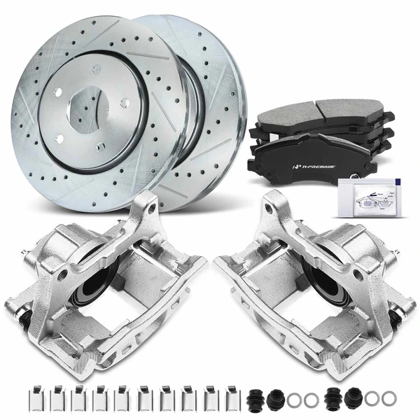 2009-2012 Dodge Journey Drilled & Slotted Disc Brake Rotors and Ceramic Pads Kit with Calipers, 8 Pcs, Front Driver & Passenger, A-Premium, APBRPS514