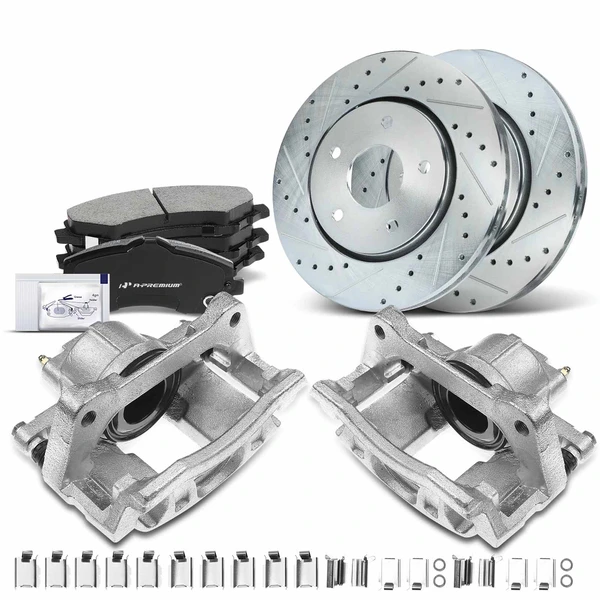 2008-2012 Dodge Grand Caravan Drilled & Slotted Disc Brake Rotors and Ceramic Pads Kit with Calipers, 8 Pcs, Front Driver & Passenger, A-Premium, APBRPS515