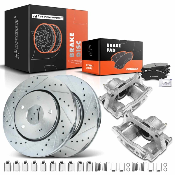 Drilled & Slotted Disc Brake Rotors and Ceramic Pads Kit with Calipers, 8 Pcs, Front Driver & Passenger, A-Premium, APBRPS515