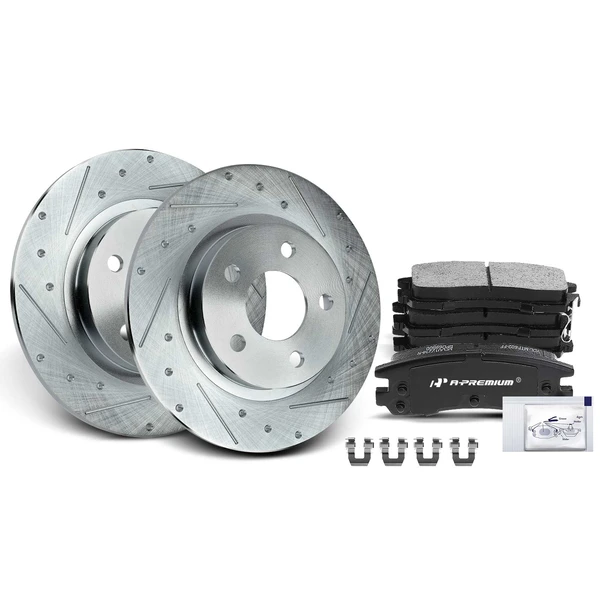 2003-2005 Buick Park Avenue Drilled & Slotted Disc Brake Rotors and Ceramic Pads Kit, 6 Pcs, Rear Driver & Passenger, A-Premium, APBRPS949