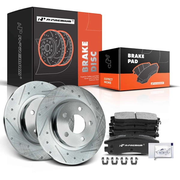 Drilled & Slotted Disc Brake Rotors and Ceramic Pads Kit, 6 Pcs, Rear Driver & Passenger, A-Premium, APBRPS949