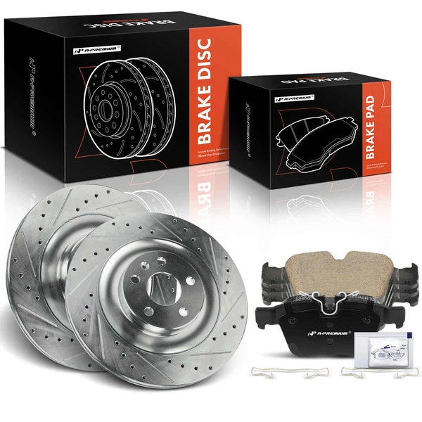 2016-2019 Volvo XC90 Drilled & Slotted Disc Brake Rotors and Ceramic Pads Kit, 6 Pcs, Rear Driver & Passenger, A-Premium, APBRPS1187