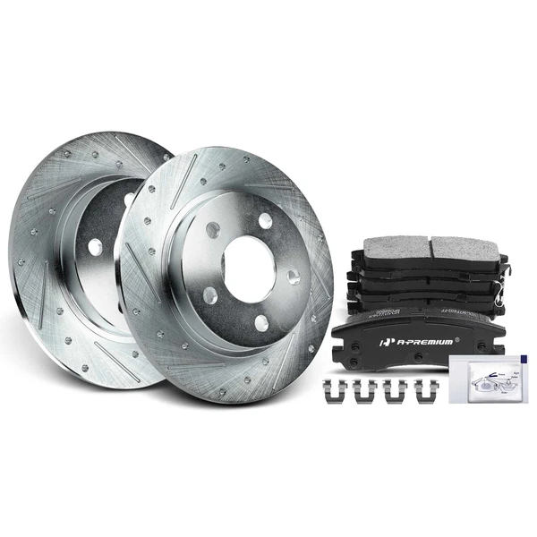 2000-2005 Pontiac Bonneville Drilled & Slotted Disc Brake Rotors and Ceramic Pads Kit, 6 Pcs, Rear Driver & Passenger, A-Premium, APBRPS953