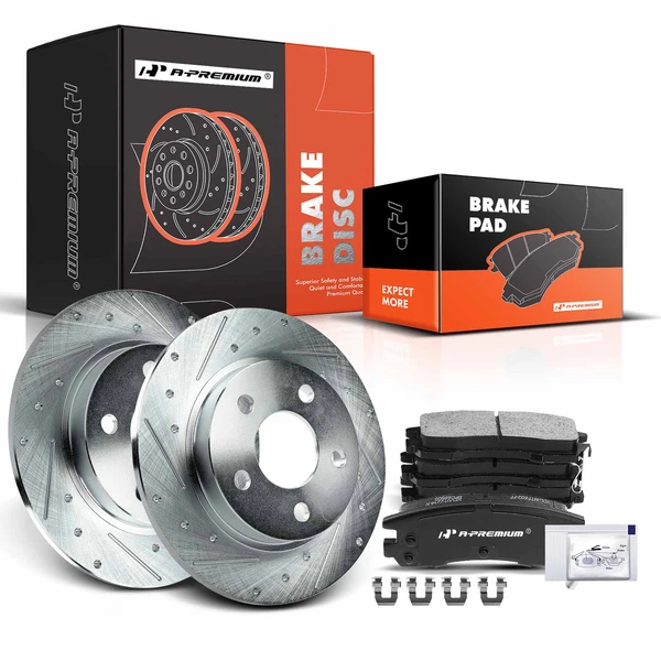 Drilled & Slotted Disc Brake Rotors and Ceramic Pads Kit, 6 Pcs, Rear Driver & Passenger, A-Premium, APBRPS953
