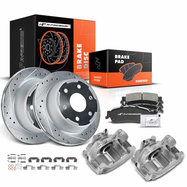 2000-2001 GMC Yukon XL 1500 Drilled & Slotted Disc Brake Rotors and Ceramic Pads Kit with Calipers, 8 Pcs, Rear Driver & Passenger, A-Premium, APBRPS484