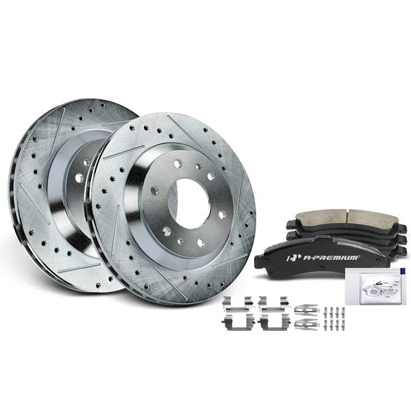 2004-2005 Isuzu Ascender Drilled & Slotted Disc Brake Rotors and Ceramic Pads Kit, 6 Pcs, Front Driver & Passenger, A-Premium, APBRPS1031
