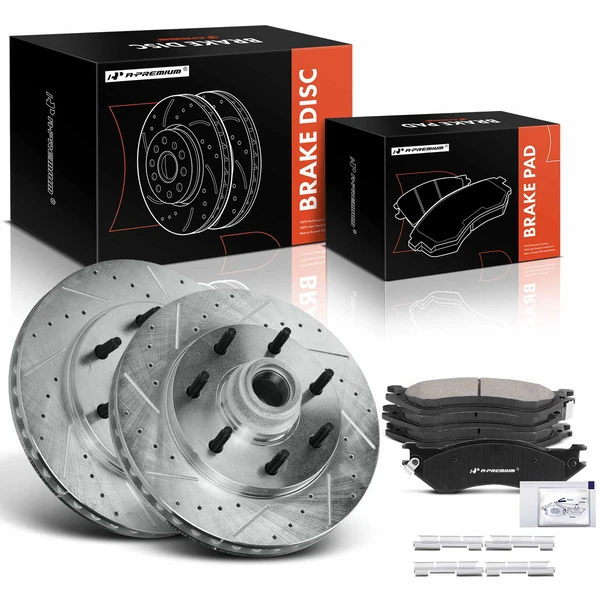 2000-2003 Ford F-150 Drilled & Slotted Disc Brake Rotors and Ceramic Pads Kit, 6 Pcs, Front Driver & Passenger, A-Premium, APBRPS1193