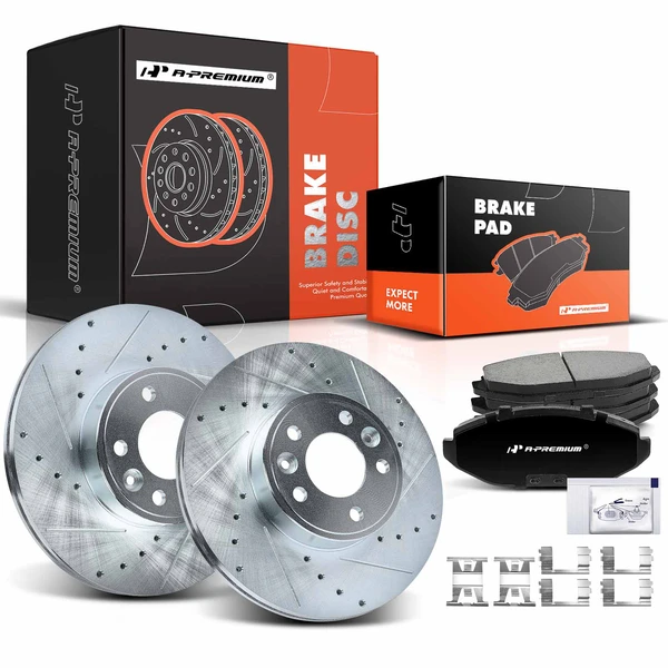 1998-2002 Ford Crown Victoria Drilled & Slotted Disc Brake Rotors and Ceramic Pads Kit, 6 Pcs, Front Driver & Passenger, A-Premium, APBRPS355