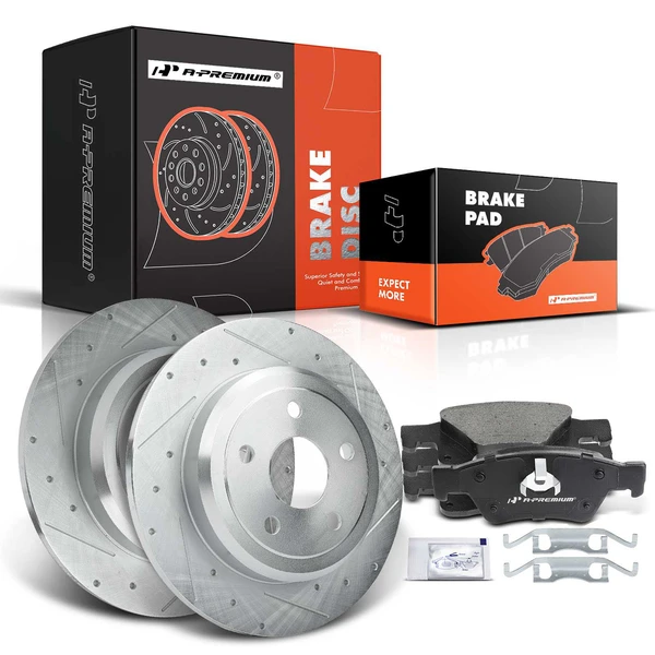 2011-2020 Dodge Durango Drilled & Slotted Disc Brake Rotors and Ceramic Pads Kit, 6 Pcs, Rear Driver & Passenger, A-Premium, APBRPS225