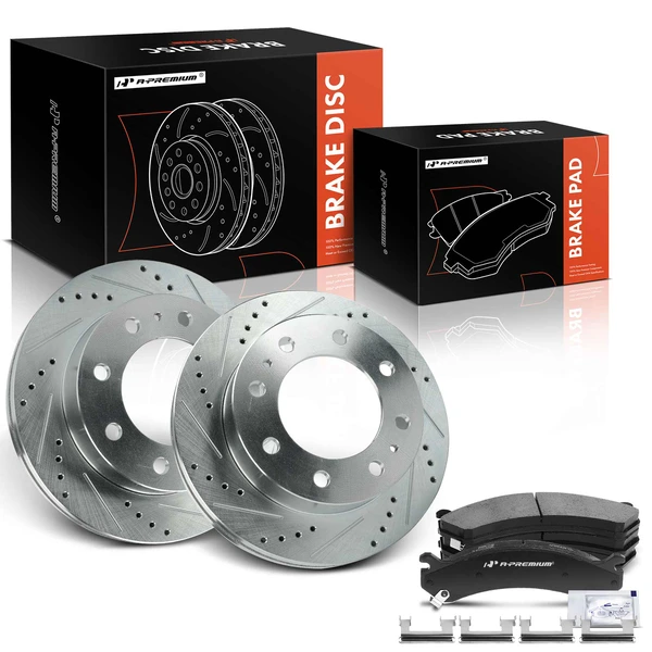 2007-2010 Chevrolet Silverado 3500 HD Drilled & Slotted Disc Brake Rotors and Ceramic Pads Kit, 6 Pcs, Front Driver & Passenger, A-Premium, APBRPS1424