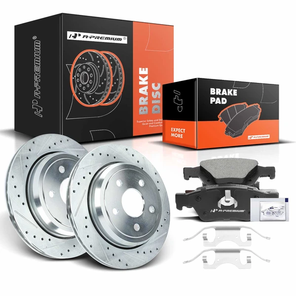 2011-2020 Dodge Durango Drilled & Slotted Disc Brake Rotors and Ceramic Pads Kit, 6 Pcs, Rear Driver & Passenger, A-Premium, APBRPS226