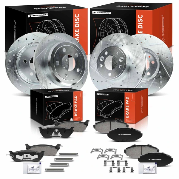 1998-2002 Mercury Grand Marquis Drilled & Slotted Disc Brake Rotors and Ceramic Pads Kit, 12 Pcs, Front & Rear, A-Premium, APBRPS358