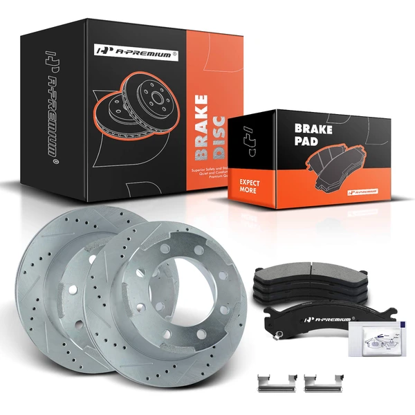 2007-2010 GMC Sierra 3500 HD Drilled & Slotted Disc Brake Rotors and Ceramic Pads Kit, 6 Pcs, Rear Driver & Passenger, A-Premium, APBRPS095