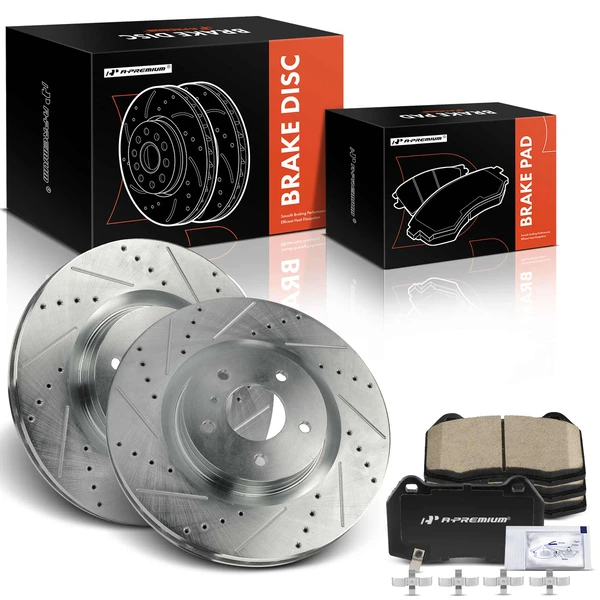 2003-2004 INFINITI G35 Drilled & Slotted Disc Brake Rotors and Ceramic Pads Kit, 6 Pcs, Front Driver & Passenger, A-Premium, APBRPS1197