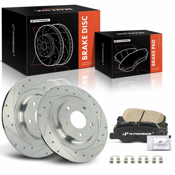 2013-2018 Mitsubishi RVR Drilled & Slotted Disc Brake Rotors and Ceramic Pads Kit, 6 Pcs, Rear Driver & Passenger, A-Premium, APBRPS1198