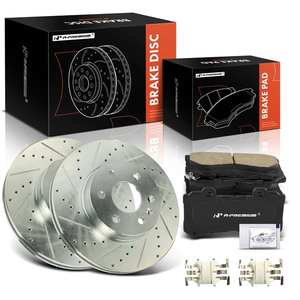 2015-2020 Chevrolet Colorado Drilled & Slotted Disc Brake Rotors and Ceramic Pads Kit, 6 Pcs, Front Driver & Passenger, A-Premium, APBRPS1199