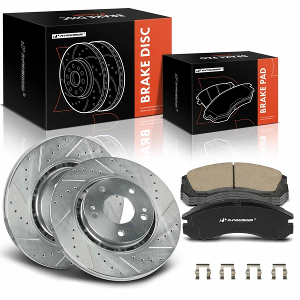 2009-2015 Mitsubishi Lancer Drilled & Slotted Disc Brake Rotors and Ceramic Pads Kit, 6 Pcs, Front Driver & Passenger, A-Premium, APBRPS1200