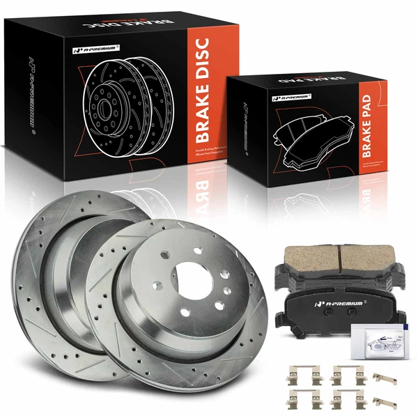 2015-2020 Chevrolet Colorado Drilled & Slotted Disc Brake Rotors and Ceramic Pads Kit, 6 Pcs, Rear Driver & Passenger, A-Premium, APBRPS1202