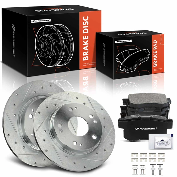 Drilled & Slotted Disc Brake Rotors and Ceramic Pads Kit, 6 Pcs, Rear Driver & Passenger, A-Premium, APBRPS1203