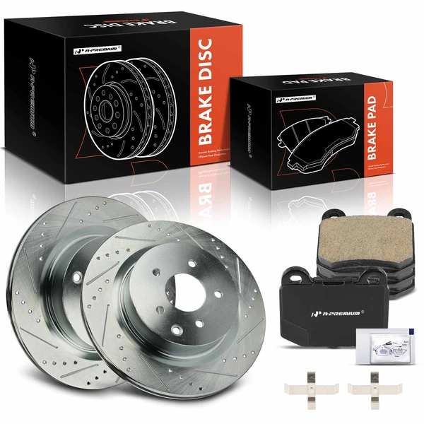 2003-2004 INFINITI G35 Drilled & Slotted Disc Brake Rotors and Ceramic Pads Kit, 6 Pcs, Rear Driver & Passenger, A-Premium, APBRPS1204