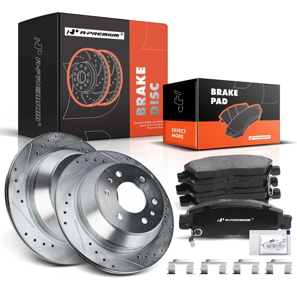 2003-2008 Isuzu Ascender Drilled & Slotted Disc Brake Rotors and Ceramic Pads Kit, 6 Pcs, Rear Driver & Passenger, A-Premium, APBRPS093