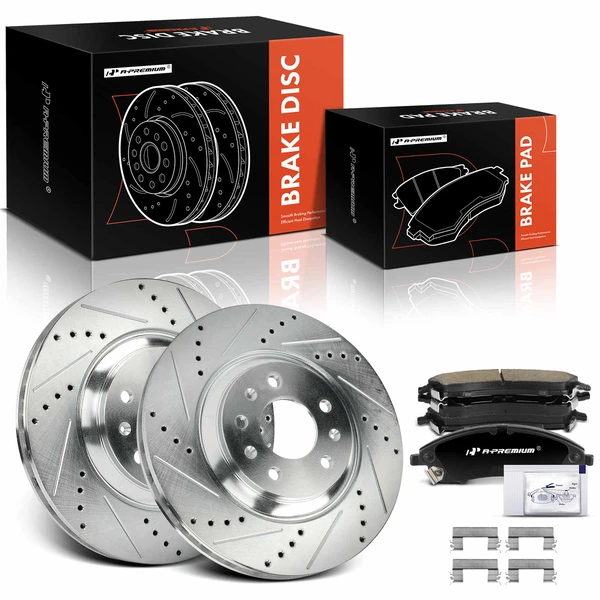 2005-2008 Cadillac STS Drilled & Slotted Disc Brake Rotors and Ceramic Pads Kit, 6 Pcs, Front Driver & Passenger, A-Premium, APBRPS1210