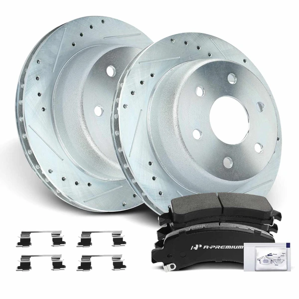 Drilled & Slotted Disc Brake Rotors and Ceramic Pads Kit, 6 Pcs, Rear Driver & Passenger, A-Premium, APBRPS102