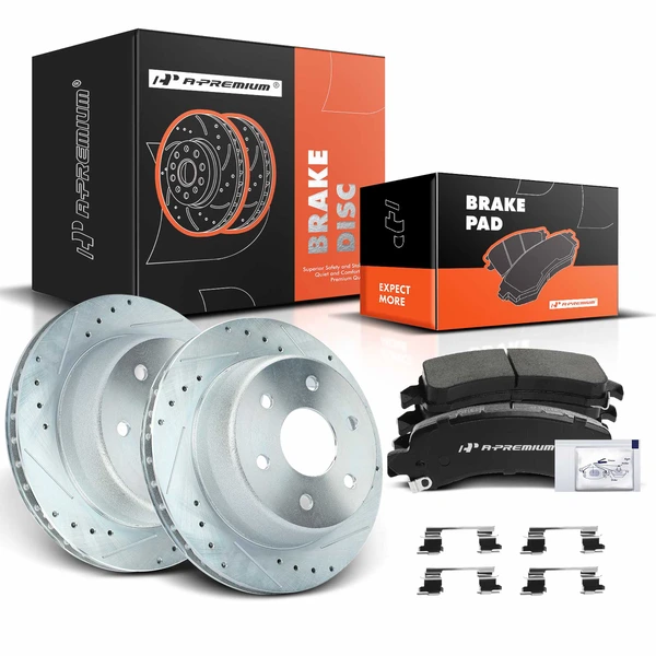 2003-2014 GMC Savana 1500 Drilled & Slotted Disc Brake Rotors and Ceramic Pads Kit, 6 Pcs, Rear Driver & Passenger, A-Premium, APBRPS102
