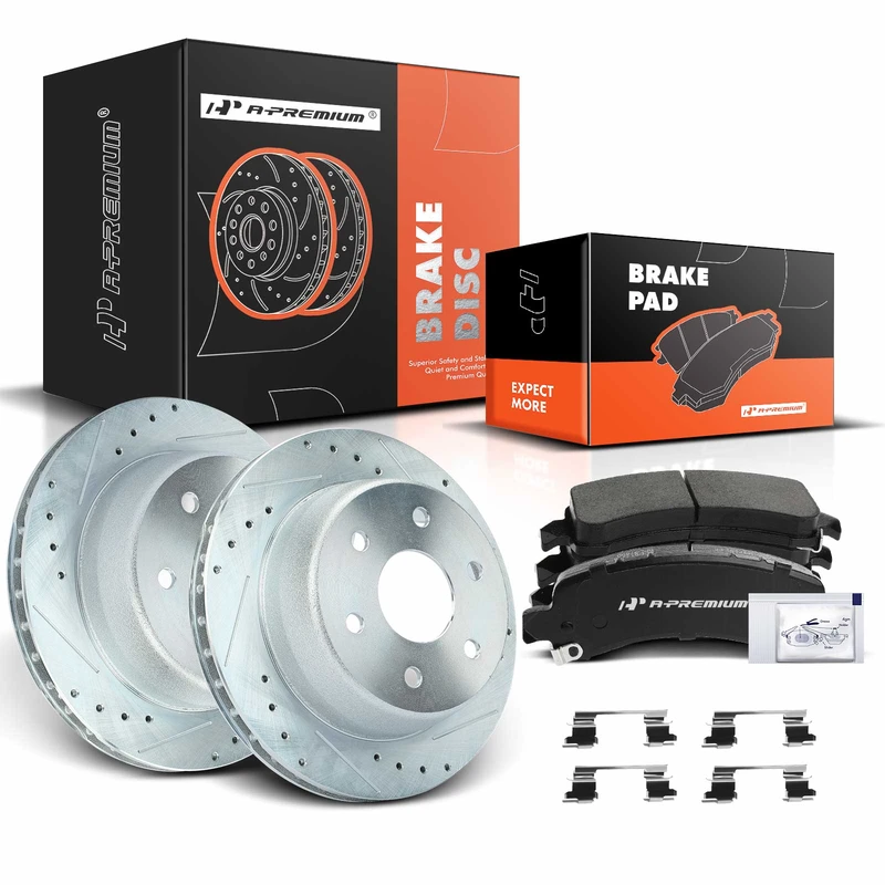 Rear Drilled Rotors & Ceramic Brake Pads for Chevy Tahoe Cadillac GMC