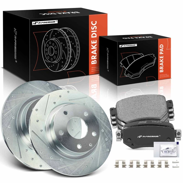 2016-2021 Mazda 6 Drilled & Slotted Disc Brake Rotors and Ceramic Pads Kit, 6 Pcs, Rear Driver & Passenger, A-Premium, APBRPS1212