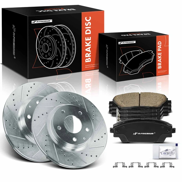 2016-2017 2019-2022 Mazda CX-3 Drilled & Slotted Disc Brake Rotors and Ceramic Pads Kit, 6 Pcs, Front Driver & Passenger, A-Premium, APBRPS1213
