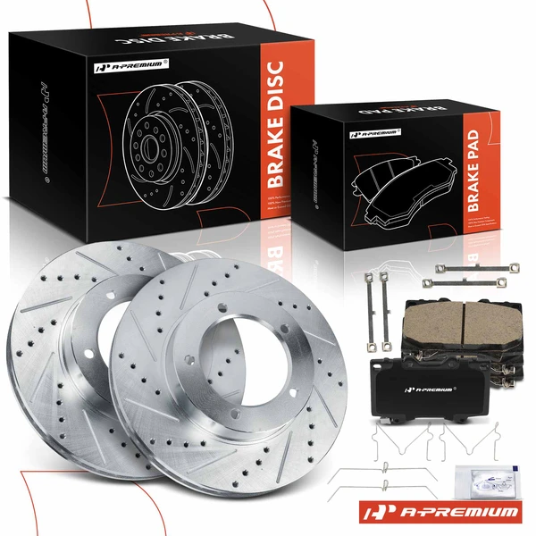1998-2007 Toyota Land Cruiser Drilled & Slotted Disc Brake Rotors and Ceramic Pads Kit, 6 Pcs, Front Driver & Passenger, A-Premium, APBRPS1214