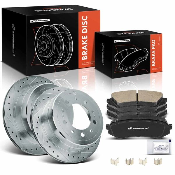 1998-2007 Lexus LX470 Drilled & Slotted Disc Brake Rotors and Ceramic Pads Kit, 6 Pcs, Rear Driver & Passenger, A-Premium, APBRPS1215
