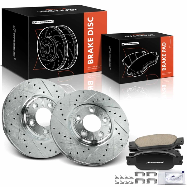 2000-2002 2004 Jaguar S-Type Drilled & Slotted Disc Brake Rotors and Ceramic Pads Kit, 6 Pcs, Front Driver & Passenger, A-Premium, APBRPS1383