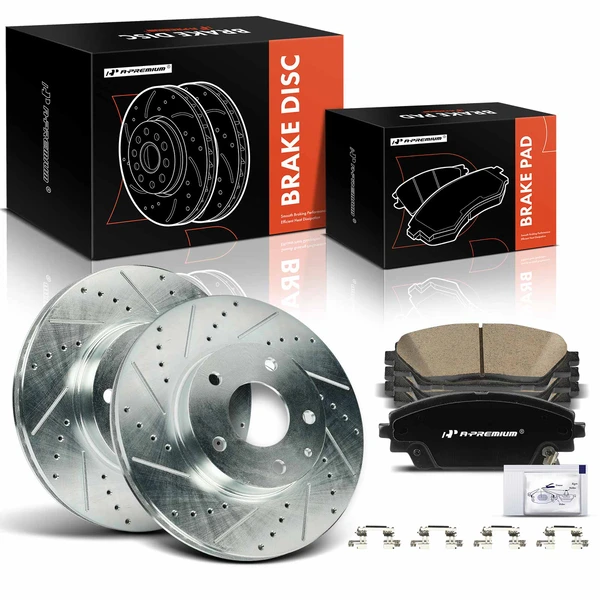 2014-2018 Mazda 3 Drilled & Slotted Disc Brake Rotors and Ceramic Pads Kit, 6 Pcs, Front Driver & Passenger, A-Premium, APBRPS1218