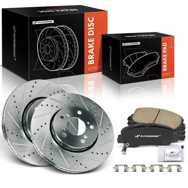 2014-2020 Acura RLX Drilled & Slotted Disc Brake Rotors and Ceramic Pads Kit, 6 Pcs, Front Driver & Passenger, A-Premium, APBRPS1219