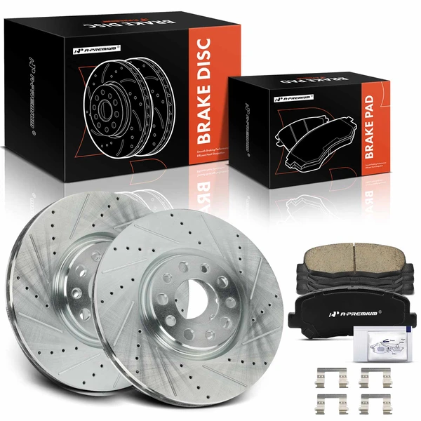2016 Dodge Dart Drilled & Slotted Disc Brake Rotors and Ceramic Pads Kit, 6 Pcs, Front Driver & Passenger, A-Premium, APBRPS1206
