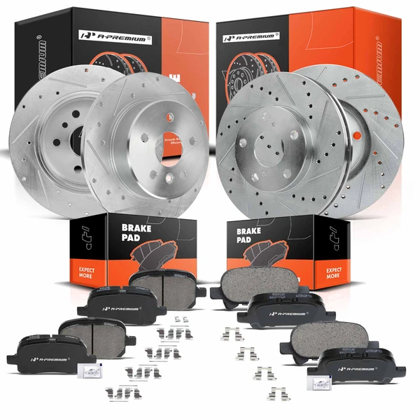 2000-2004 Toyota Avalon Drilled & Slotted Disc Brake Rotors and Ceramic Pads Kit, 12 Pcs, Front & Rear, A-Premium, APBRPS100
