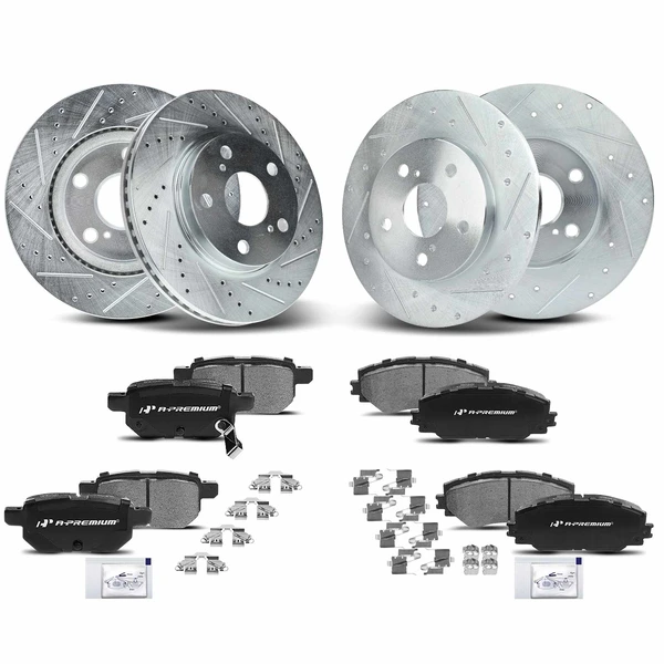 2008-2015 Scion xB Drilled & Slotted Disc Brake Rotors and Ceramic Pads Kit, 12 Pcs, Front & Rear, A-Premium, APBRPS101
