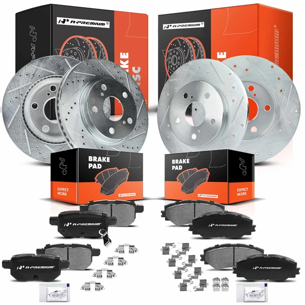 Drilled & Slotted Disc Brake Rotors and Ceramic Pads Kit, 12 Pcs, Front & Rear, A-Premium, APBRPS101