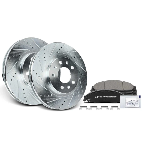 2003-2007 Cadillac CTS Drilled & Slotted Disc Brake Rotors and Ceramic Pads Kit, 6 Pcs, Front Driver & Passenger, A-Premium, APBRPS1033