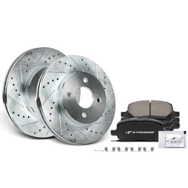 2005-2006 Pontiac Pursuit Drilled & Slotted Disc Brake Rotors and Ceramic Pads Kit, 6 Pcs, Front Driver & Passenger, A-Premium, APBRPS957