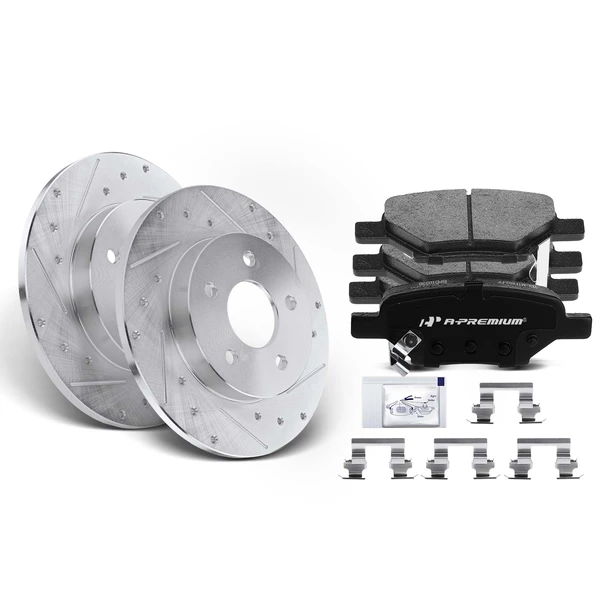 Drilled & Slotted Disc Brake Rotors and Ceramic Pads Kit, 6 Pcs, Rear Driver & Passenger, A-Premium, APBRPS274