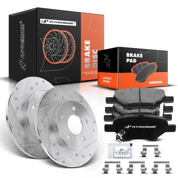 2007-2010 Pontiac G5 Drilled & Slotted Disc Brake Rotors and Ceramic Pads Kit, 6 Pcs, Rear Driver & Passenger, A-Premium, APBRPS274